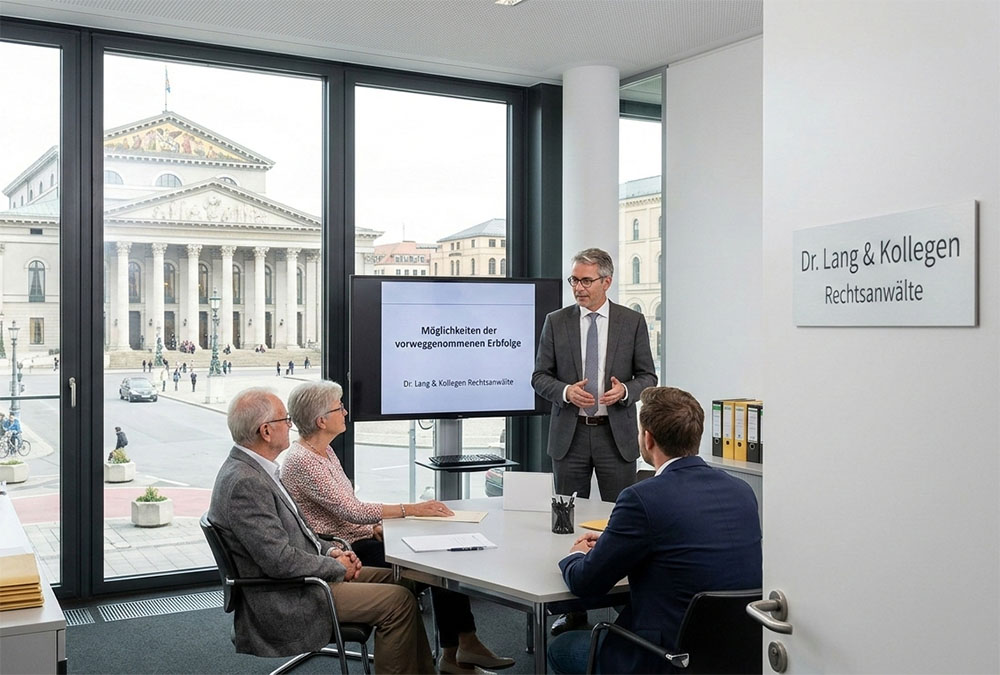 Rechtsanwalt Mitte 50 in einem modern aber schlichten Büro mit Blick auf den Max Joseph Platz in München, die Münchner Oper im Hintergrund. Das Büro gehört den Rechtsanwälten Dr. Lang & Kollegen. Des Weiteren befinden sich im Büro zwei Mandanten und ein Kind im alter von Mitte 30 Jahren. Der Anwalt berät die Mandanten über die Möglichkeiten der vorweggenommen Erbfolge mithilfe einer PowerPoint Präsentation.